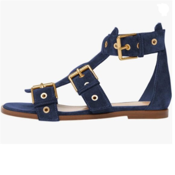 FSJ Blue Open Toe Fisherman Gladiator Flat Three Buckle Strap Roman Studs Sandal - Picture 1 of 8